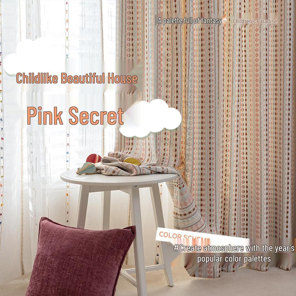 Xiaohongshu Fair Isle Dopamine Curtains for Kids' Rooms: Color-Woven Fabric & Gauze Options for Boys and Girls Bedrooms