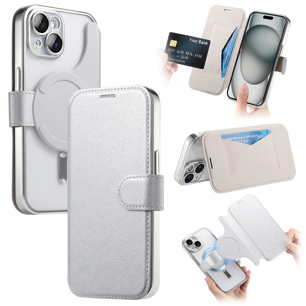 For iPhone 15 Plus Case Compatible with MagSafe Detachable Leather Phone Cover with Lens Film