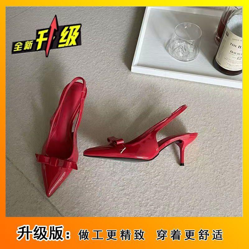 Patent leather bow pointed single shoes French medium high heel red bag head sandals fairy shoes spring and summer new models