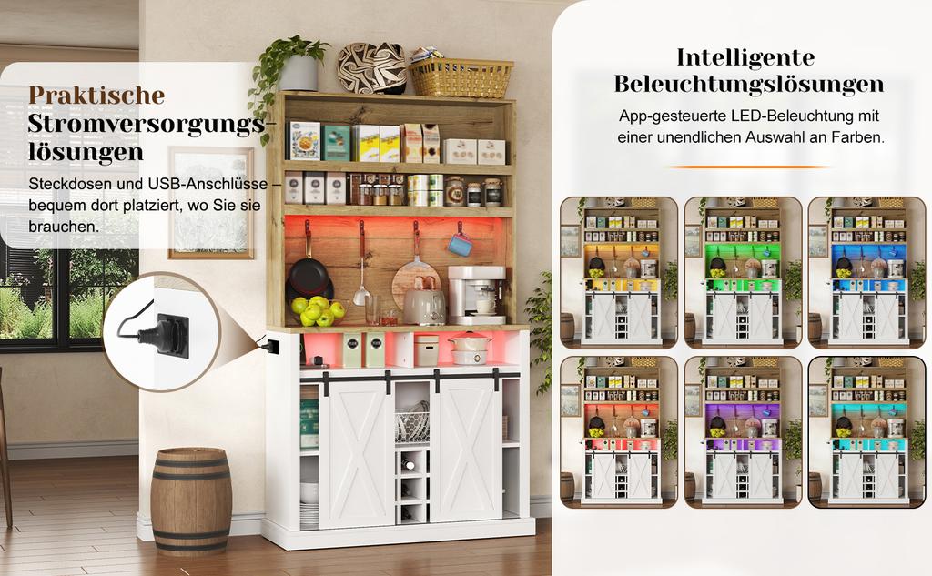 191 cm Kitchen Cabinet, Tall Cabinet with LED, Kitchen Shelf with Socket, Hooks, Wine Rack and Display Cabinet for Kitchen & Dining Room