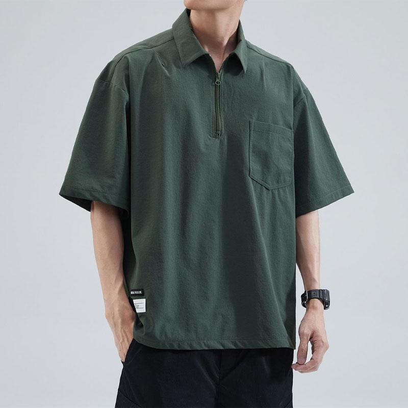 Casual Short Sleeve Polo Shirts Summer Fashion Zipper Men's Clothing Polo-Neck Basic Solid Color Loose Patch Designs T-shirts