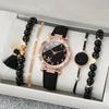 Rhinestones Watch Jewelry Set Heart Shape with Leather Strap Watch Bracelet Set Starfish Dial Digital Scale Quartz Wristwatch