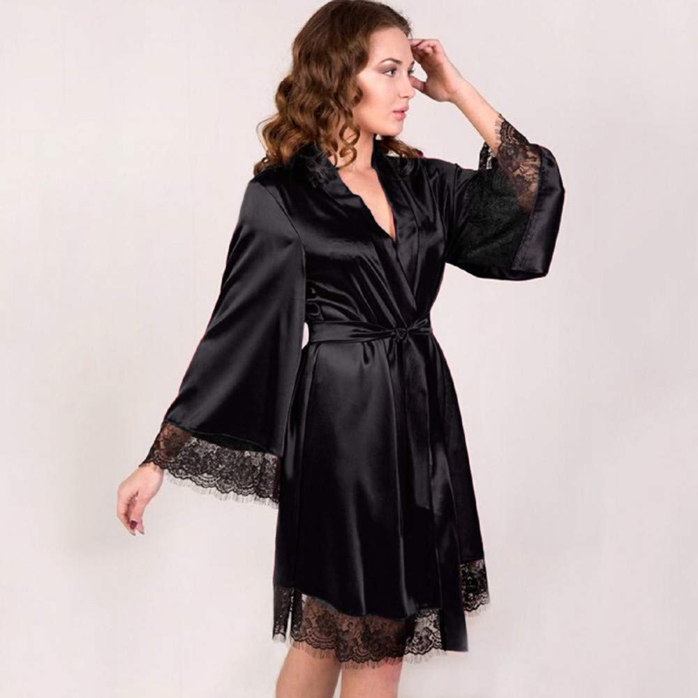 Sexy Women s Kimono Robe Lace Trimmed Satin Nightgown Bridal Wedding Sleepwear Adjustable Belt Comfortable Loungewear S чёрный