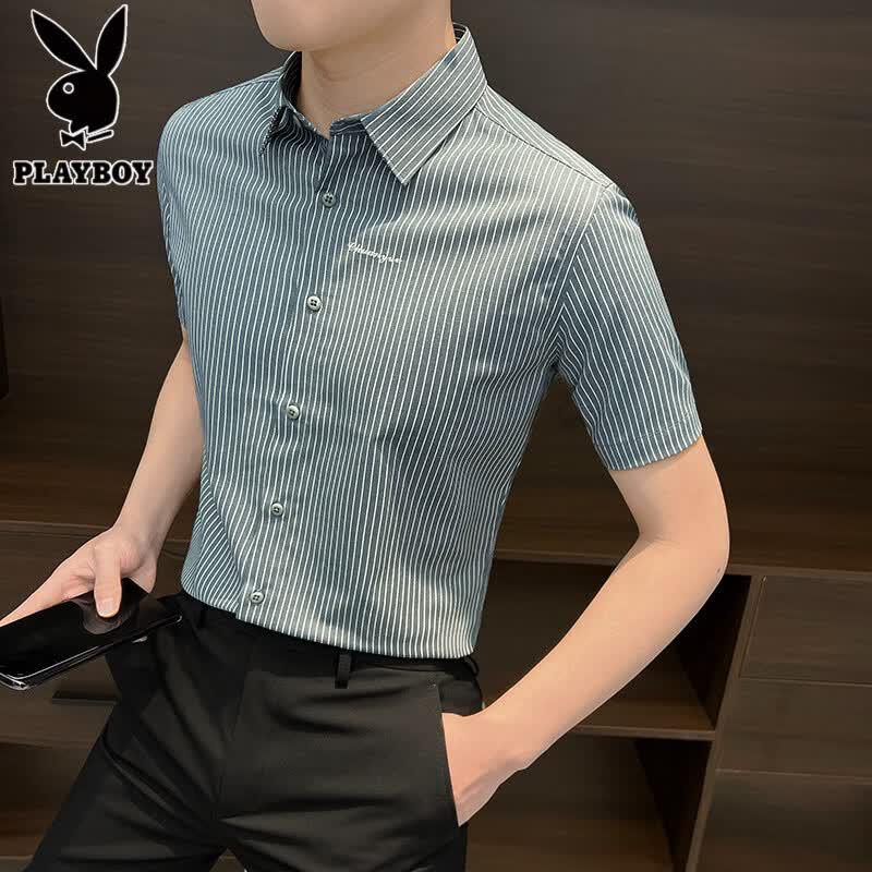 PLAYBOY Men's Striped Ice Silk Short Sleeve Shirt