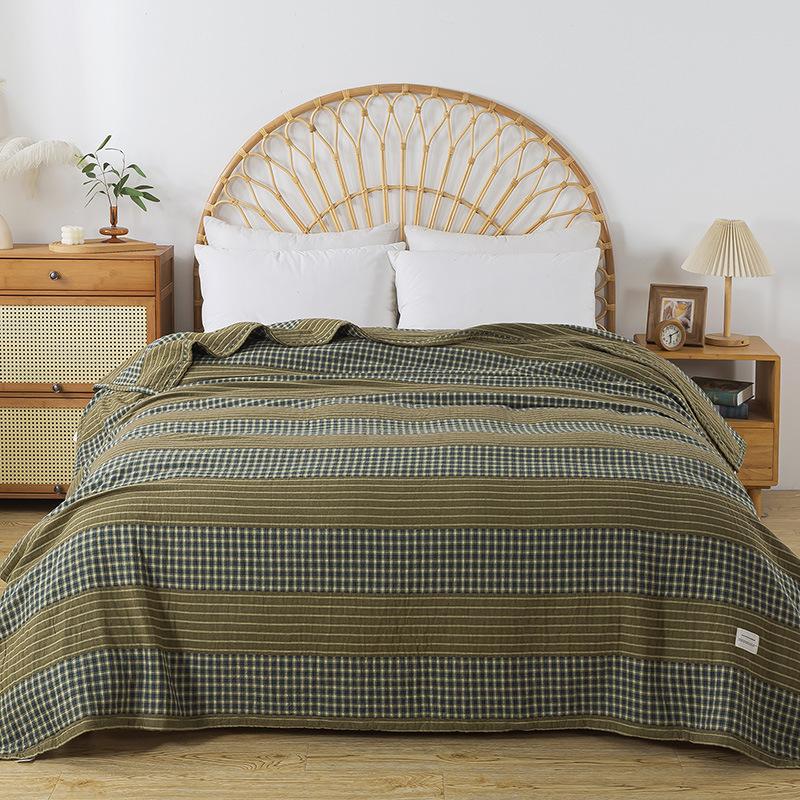 Reine Baumwolle Tagesdecke Modern Schlicht Musselin Gaze Überwurf Decke Gestreift Verbund Karomuster Doppelbettdecke Sommer Kühlende Steppdecken