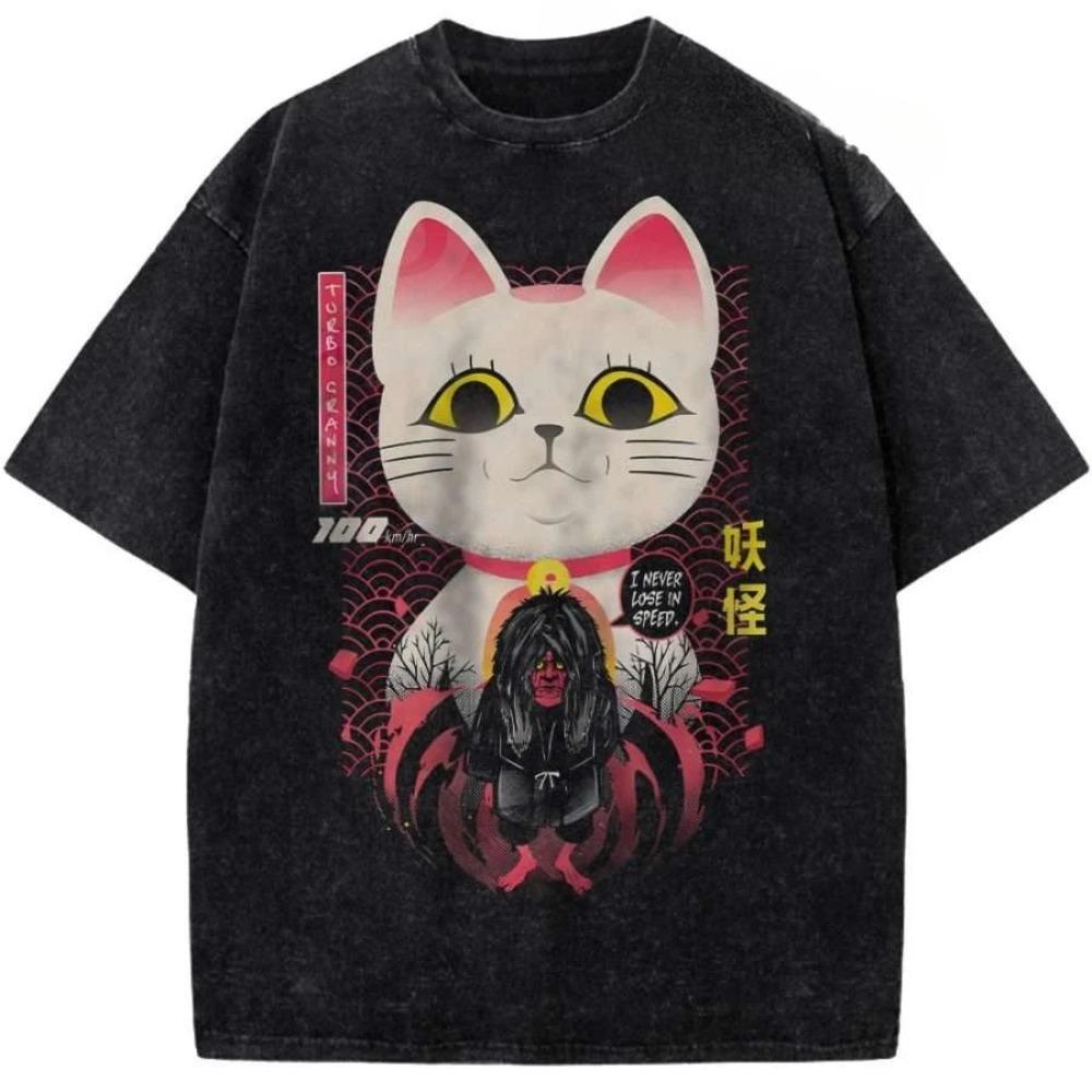 Dandadan Takakura Ken (Berserk Form) & Lucky Cat Vintage Washed Double-Sided Anime T-Shirt, Unisex Supernatural Manga Fan Streetwear Tee