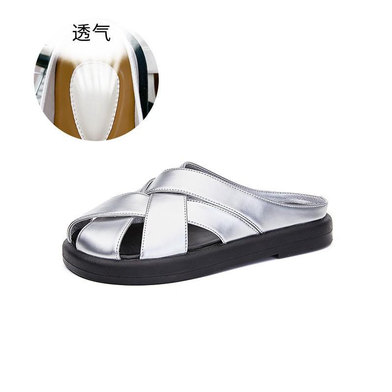 Genuine leather bag head slippers 2025 summer new flat bottom outer wear half drag women's fashion versatile casual shoes beach women's shoes