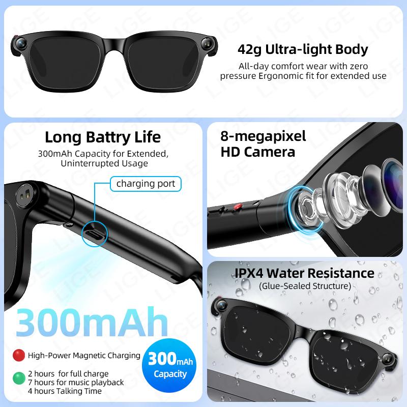 Occhiali Intelligenti con Fotocamera da 8MP Registrazione Foto Video HD Traduzione AI Lenti Fotocromatiche Chiamate Bluetooth Musica Assistente Vocale Occhiali Batteria da 300mAh Unisex