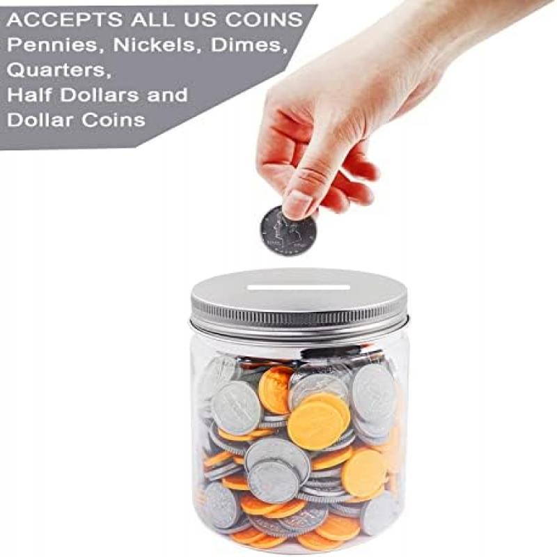 Mczcent 4-Pack Transparent Piggy Banks for Kids, Clear Coin Saving Jar Money Box, Plastic Coin Bank for Boys Girls Children, Silver