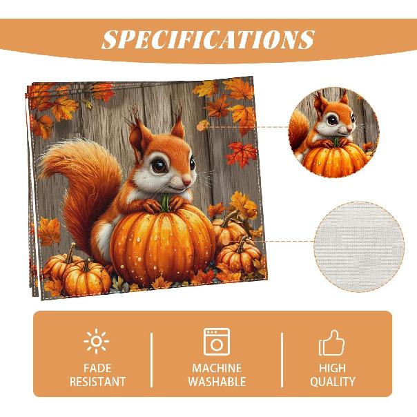 Pumpkin Squirrel Fall Table Runner 72 Inch Seasonal Autumn Thanksgiving Kitchen Dining Room Table Decorations for Home Party Decor