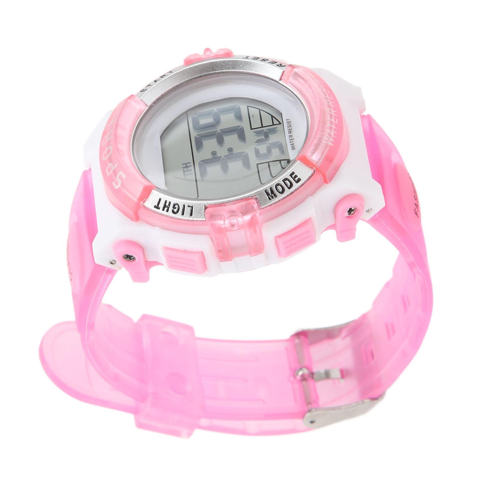 Digital Chronograph Watch Girls Student Electric Waterproof PU Strap for Swimming Sports with Colorful Night Light Alarm