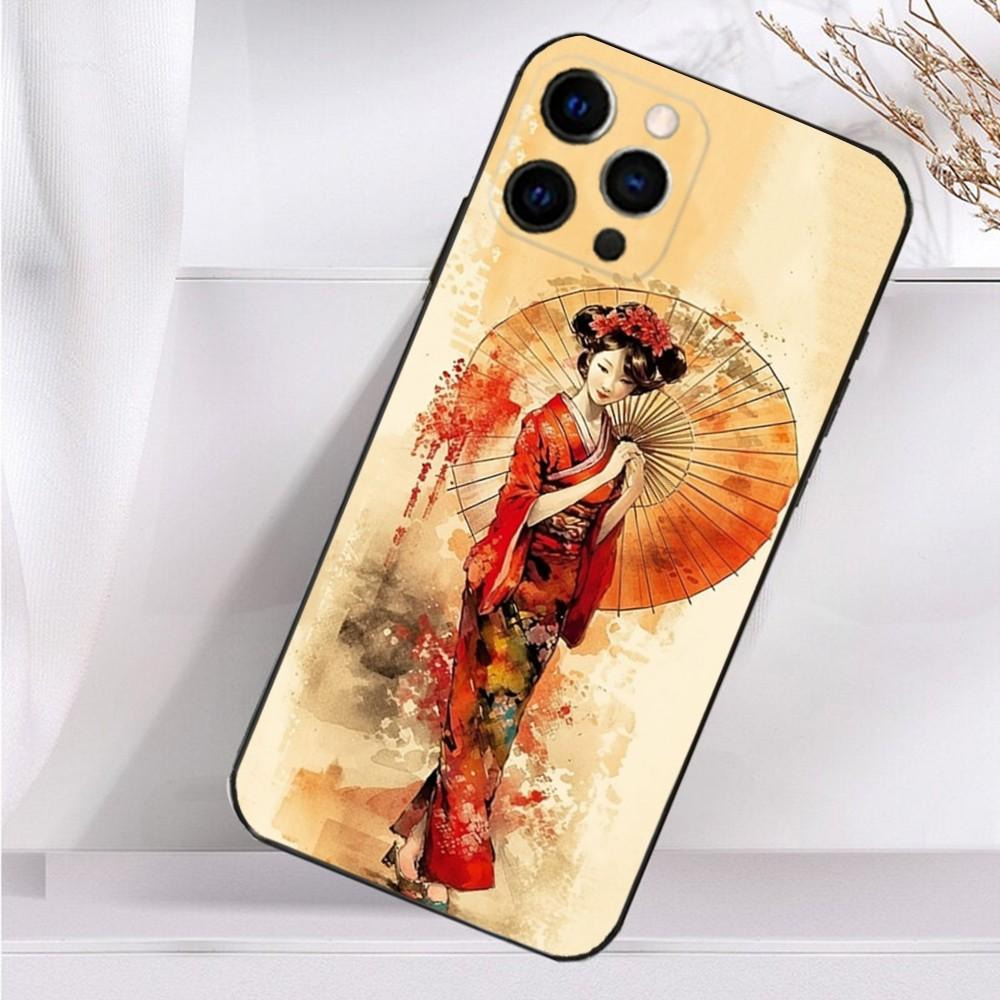 Japanese Geisha W-Woman Phone Case For iPhone 16,15,14,13,12,11 Plus,Pro Max,XS,X,XR,SE,Mini,8,7 Soft Silicone Black Cover