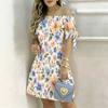 Women Plus Size Off Shoulder Tie Cuff Short Sleeve Floral Printed A Line Dress