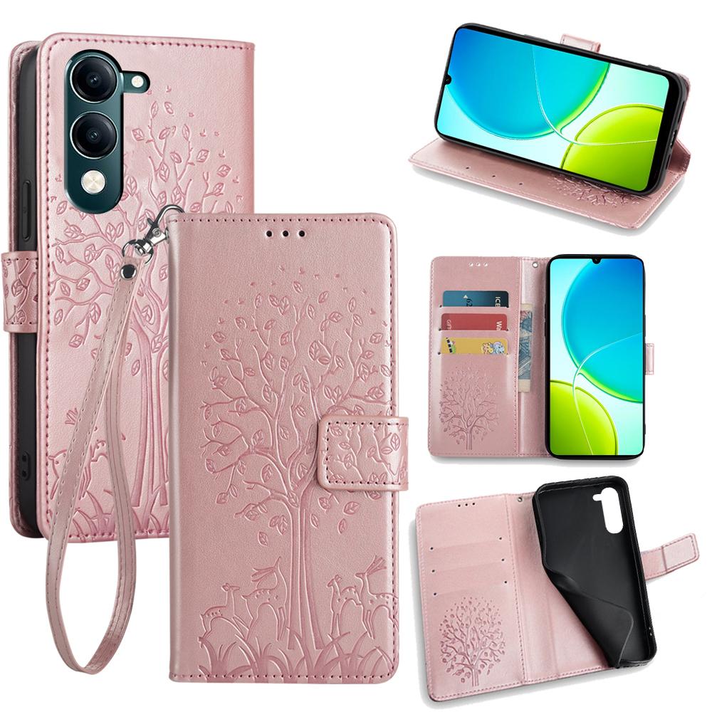 For Vivo Y29s 5G/Y04 4G Case PU Leather Wallet Phone Cover Tree Deer Imprinted