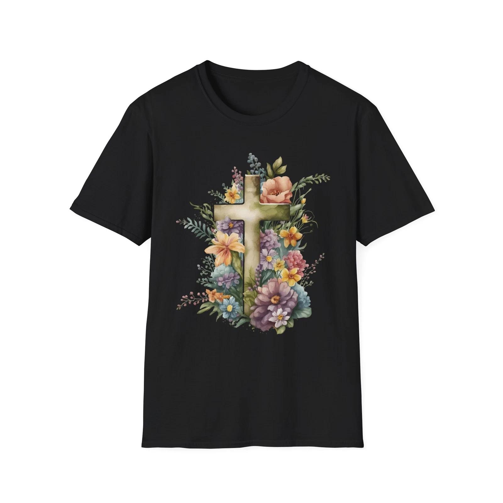 Floral Cross T-Shirt, Unisex Softstyle Tee, Inspirational Gift, Faith-Based 2XL