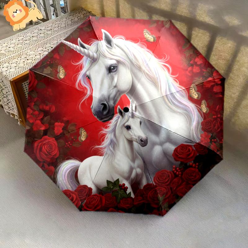 1 PC Automatic Folding Umbrella - Red Rose Horse Pattern, Portable & Foldable Design with 8 Ribs, Christmas Birthday Gifts