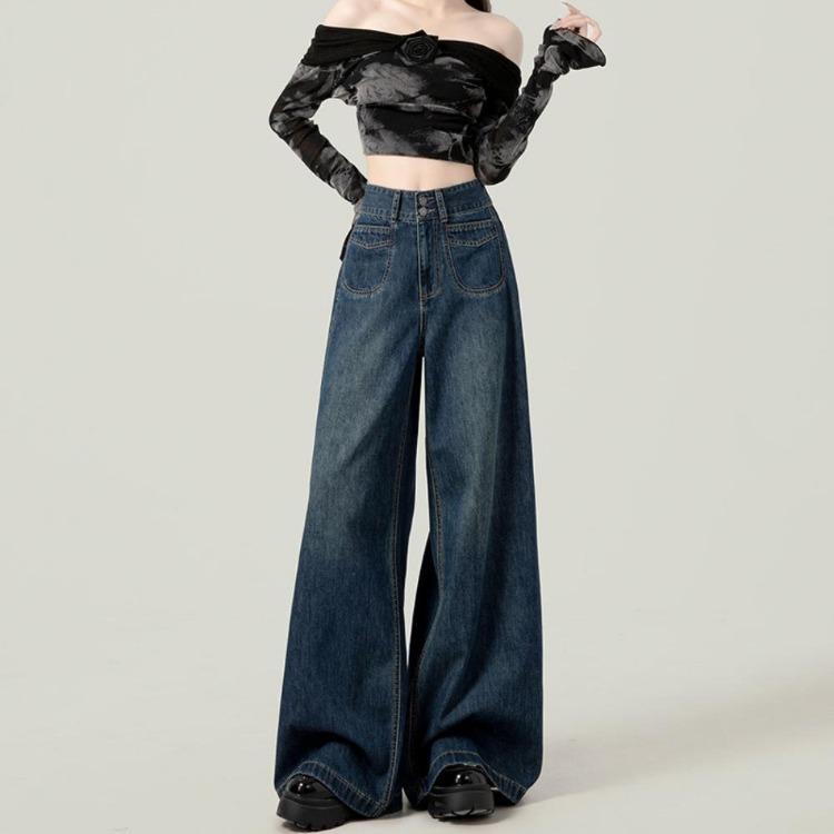 Autumn Winter New High Waisted Wide Leg Jeans Women Versatile Thin Drape Loose Floor Trousers S