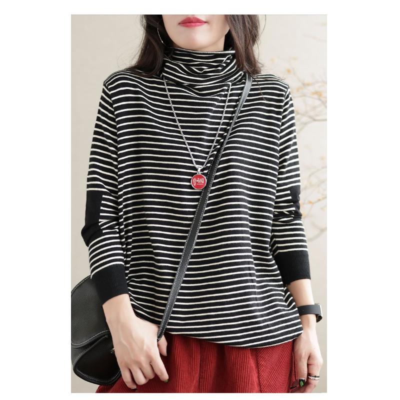 New Autumn and Winter Half-height Striped Bottoming Sweater Women's Long-sleeved T-shirt Cotton Knitted Inner Top