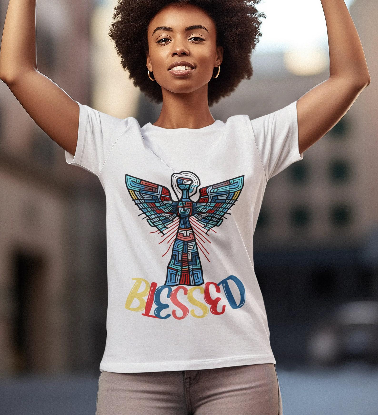 Blessed Wings T-Shirt: Multicolored Linocut Angel Design 4XL