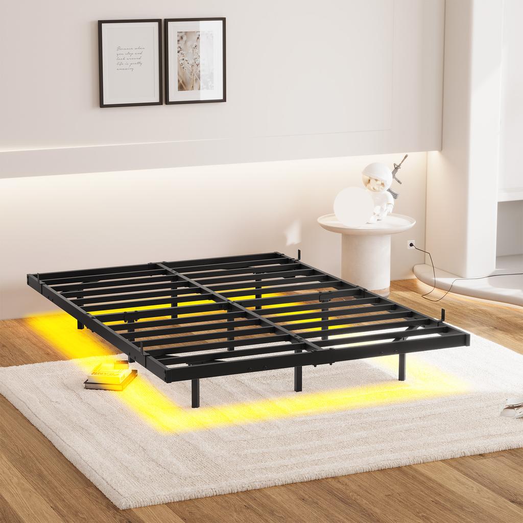 140x200 Bedframe met Zwevend Bed, LED Verlichting en Laadstation Bedframe, Metalen Bed met Lattenbodem Robuust en Stabiel, Eenvoudige Montage, Zwart