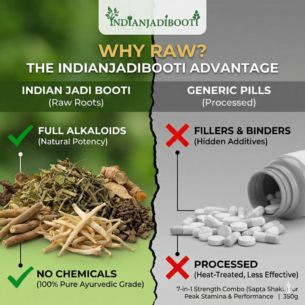 Combo Vitalità 7-in-1 IndianJadiBooti (Polvere) (350g) - Ashwagandha, Safed Musli, Akarkara, Semi di Kaunch, Shatavari, Gokhru e Vidarikand | 100% Pu