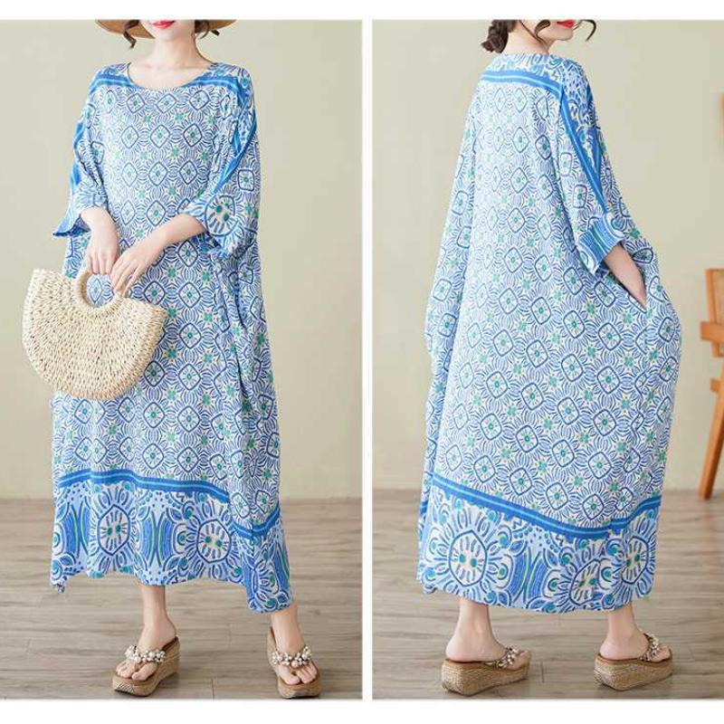 Summer Dress with Round Neck and Loose Shoulder Sleeves