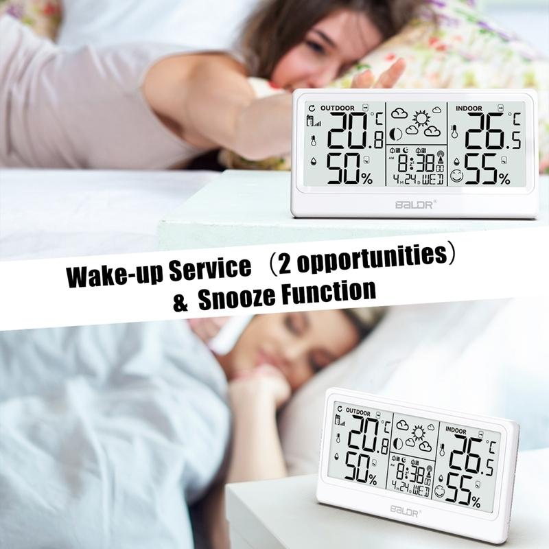 Baldr 8.5" Large Screen Weather Station RCC Atomic Alarm Clock Thermometer Hygrometer Moon Phases 100M Wireless Outside Forecast