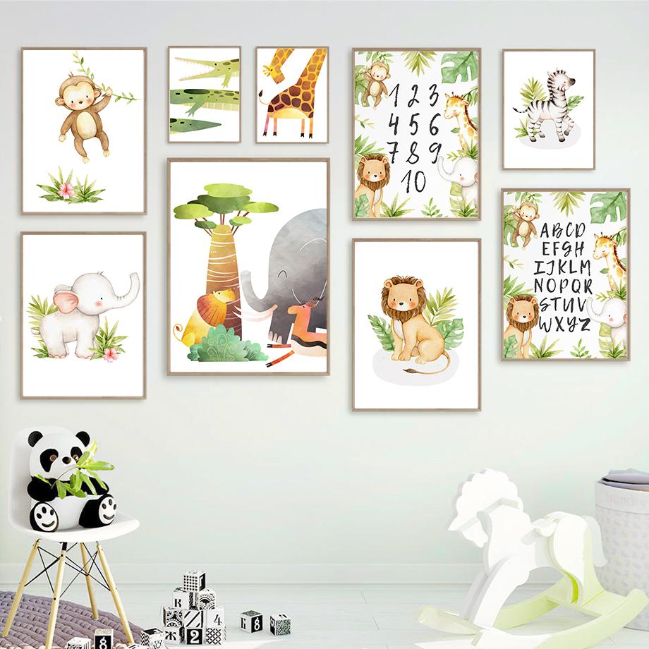 

Мультфильм Лев Обезьяна Жираф Алфавит Детская Настенная Живопись Плакаты на скандинавскую тему и принты Настенная картина для комнаты дома