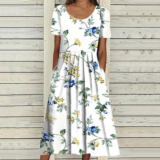 Dámské letní šaty s krátkým rukávem Ležérní květinový potisk Midi šaty s kulatým výstřihem a kapsami Splývavé plážové letní šaty do A