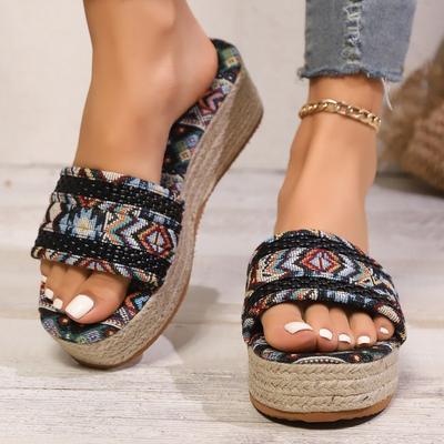 Plus Size Bohemian Platform Wedge Sandals, Braided Rope Summer Slippers for Women