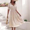 2025 European & American Summer Women's V-neck Solid Color Waist-cinching Dress