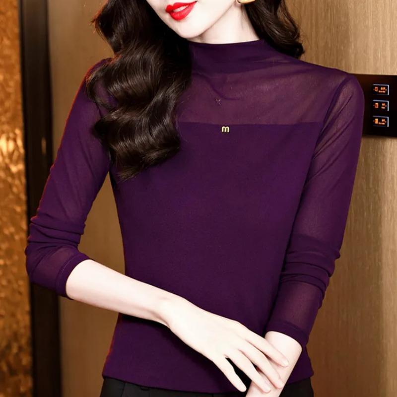 Fashionable Mesh Solid Color Long-sleeved Tops for Women Style Versatile Half-turtle Collar Slim-fitting Lace Bottoming Shirt