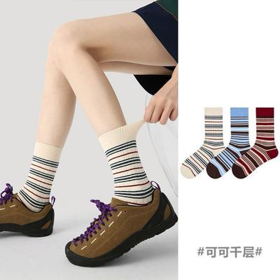 Autumn and Winter Multi-layered Color-blocking Mid-calf Socks for Women, Boneless Color-blocking Pile Socks, Striped Socks