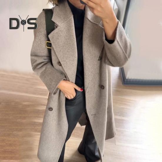 Women's Woolen Coat Autumn Winter Double-breasted Lapel Overcoat Loose-fit Solid Color Warm Long Coat for Office Daily Wear