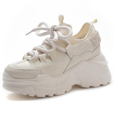 Scarpe da Ginnastica da Donna in Vera Pelle Lycab Bianco, Scarpe con Zeppa da Donna, Scarpe con Zeppa Rialzate con Lacci