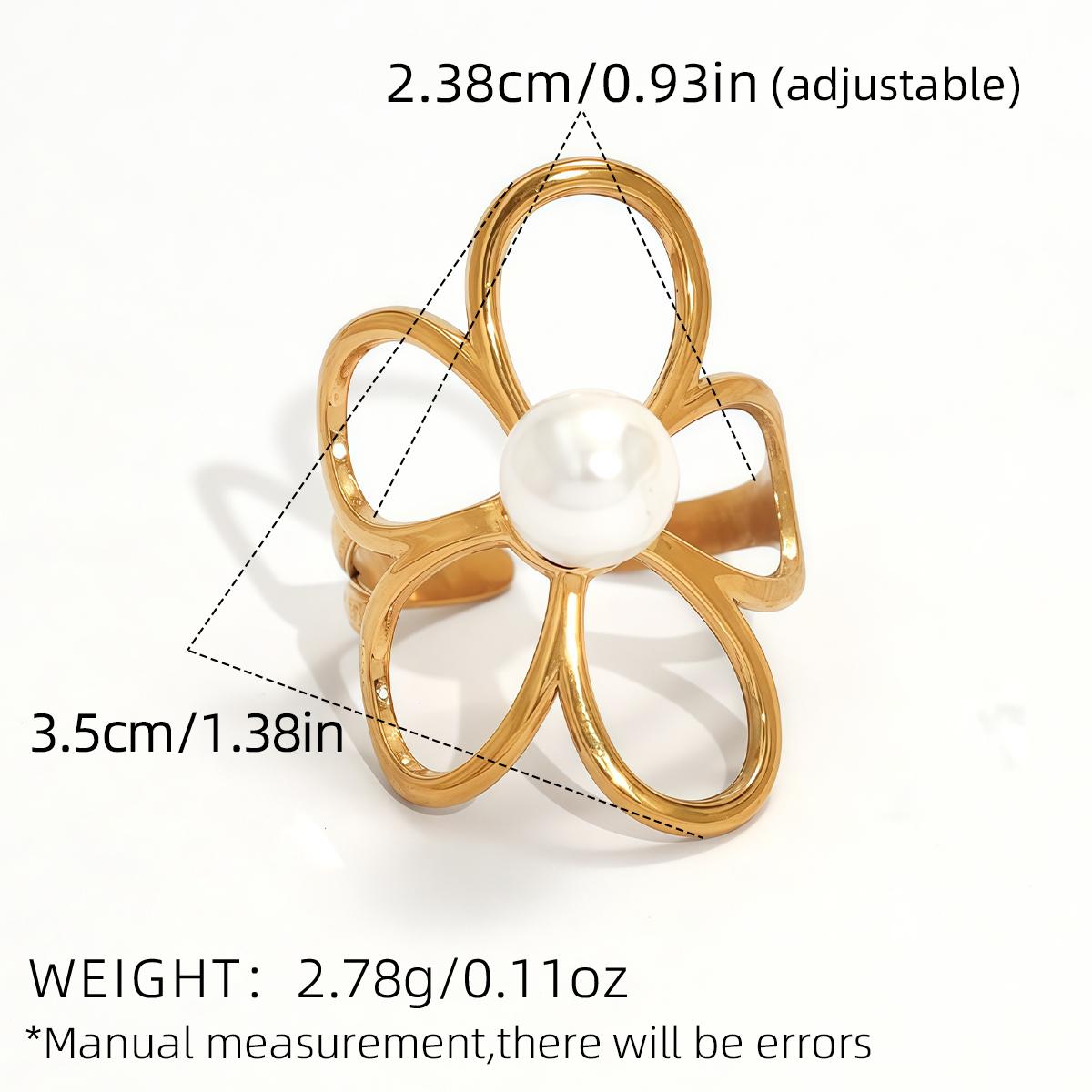 

Exquisite Hollow Pearl Flower Design Stainless Steel Rings 18K Gold Plated Waterproof Zircon For Daily Wear Vacation Seaside resizable