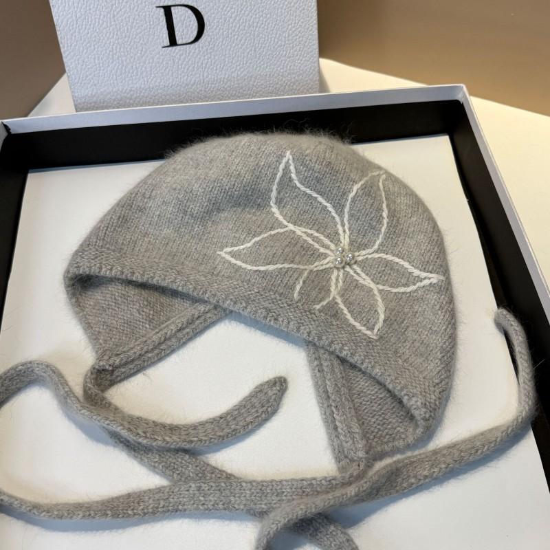 2026 Womens Rabbit Fur Knit Hat Floral Embroidery Ear Flap Tie Winter Warm Beanie