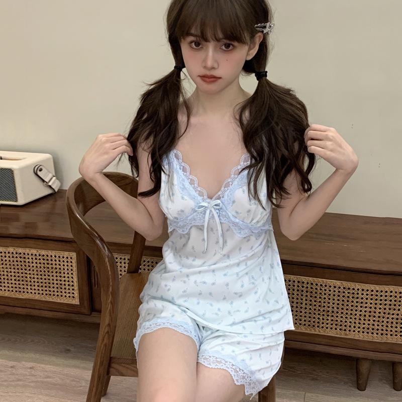 1111 New Pajamas Women's Summer Thin Sexy Lace Hollow Suspender Set Spring and Autumn Wear Large Size Loungewear