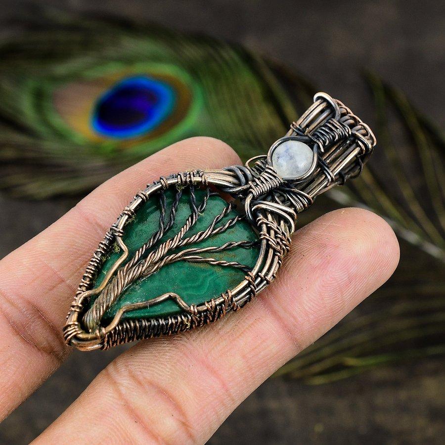 Malachite, Moonstone Copper Wire Wrap Jewelry Pendant 2.84" k0y43