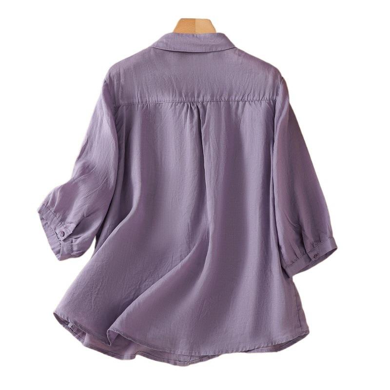 Summer Literature Loose Solid Color Heavy Embroidery Flower Short Sleeved Shirt Women's Shirt Top Blouses & Shirts