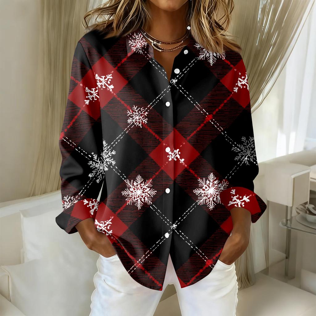 Women's Christmas Printed Button Up Long Sleeved Casual Regular Shirt With Collar Top