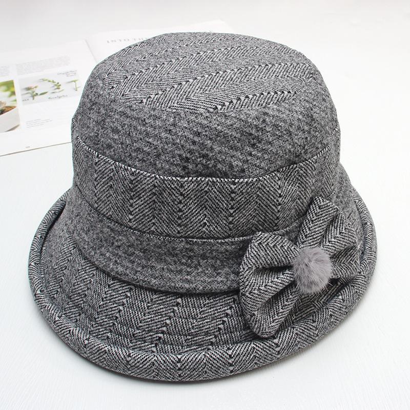 Middle-aged and Elderly Hat Lady Autumn and Winter Warm Woolen Bucket Hat Mother Grandma Old Lady Hat Bow Basin Hat