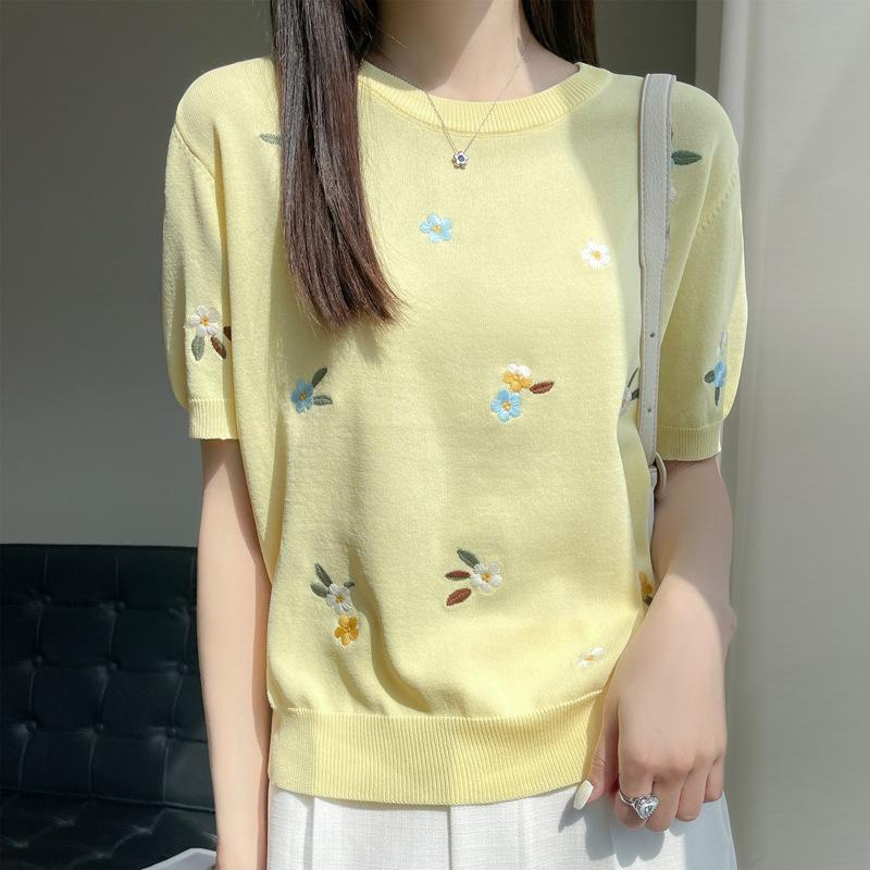 Wornspin Ice Silk Round Neck Embroidered Sweater for Women In Summer New Fashion Embroidered Short-sleeved Loose Embroidered Versatile Top
