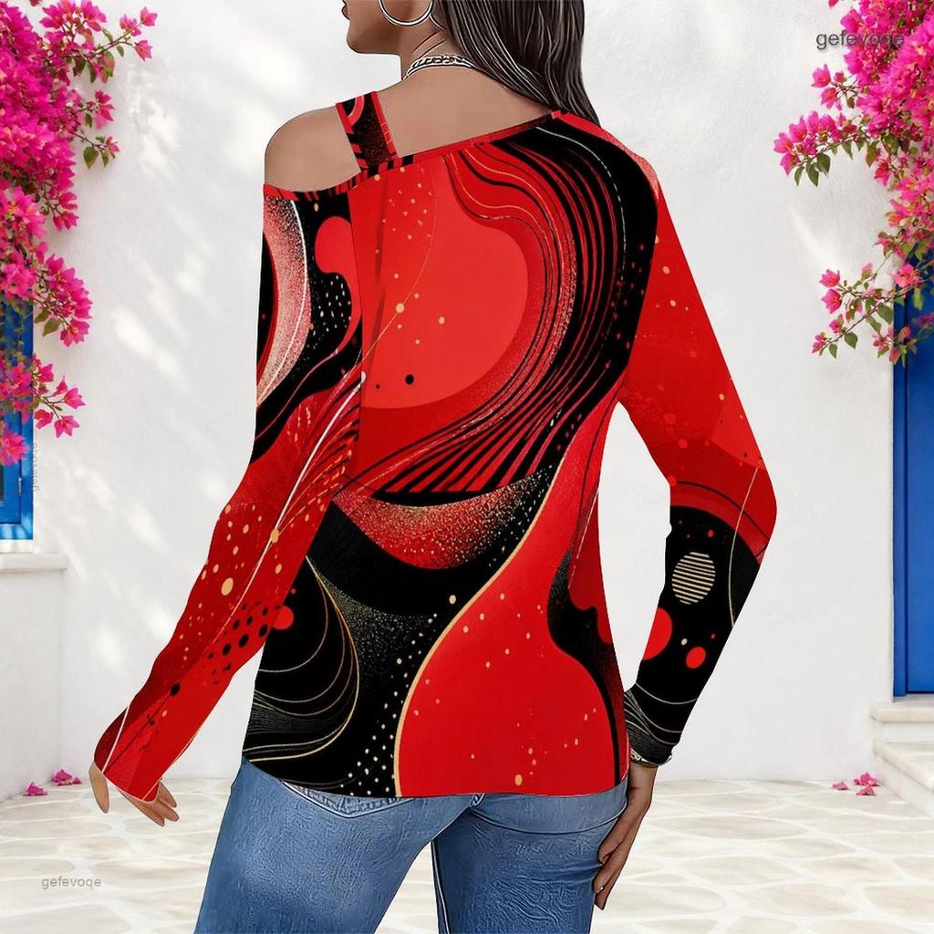 Women Plus Size Asymmetric Cutout Neck Cold Shoulder Long Sleeve Galaxy Printed Fitted Top