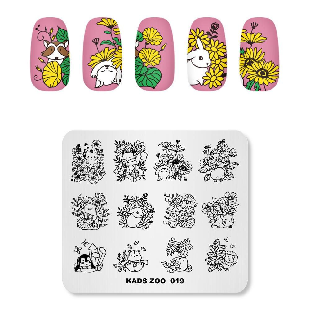 kads Nail Art Stamping Plates ZOO 019 Leaf Floral Cute Animal Rabbit Cat Nail Stamp Templates DIY Plate Tool