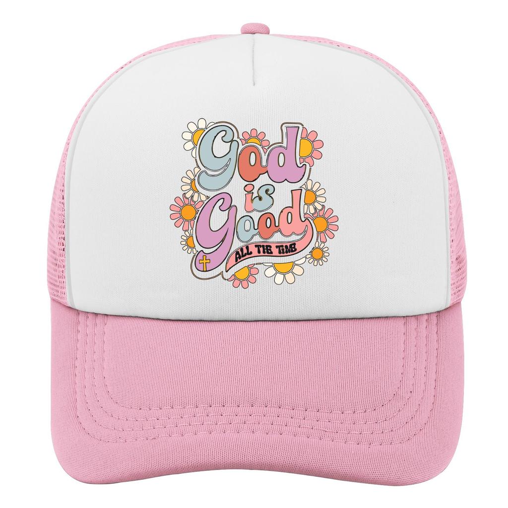 God Is Good All The Time Retro Flowers Trucker Hat Christian Faith Unisex Casual Baseball Cap