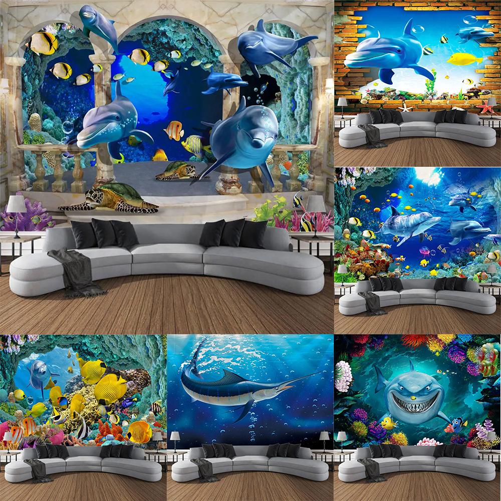 Textilien Unisex Coral Undersea Print Pattern Tapestry Psychedelic Room Wall Hanging Cloth Ocean Dolphin Home Decoration Cartoon Mural Cloth