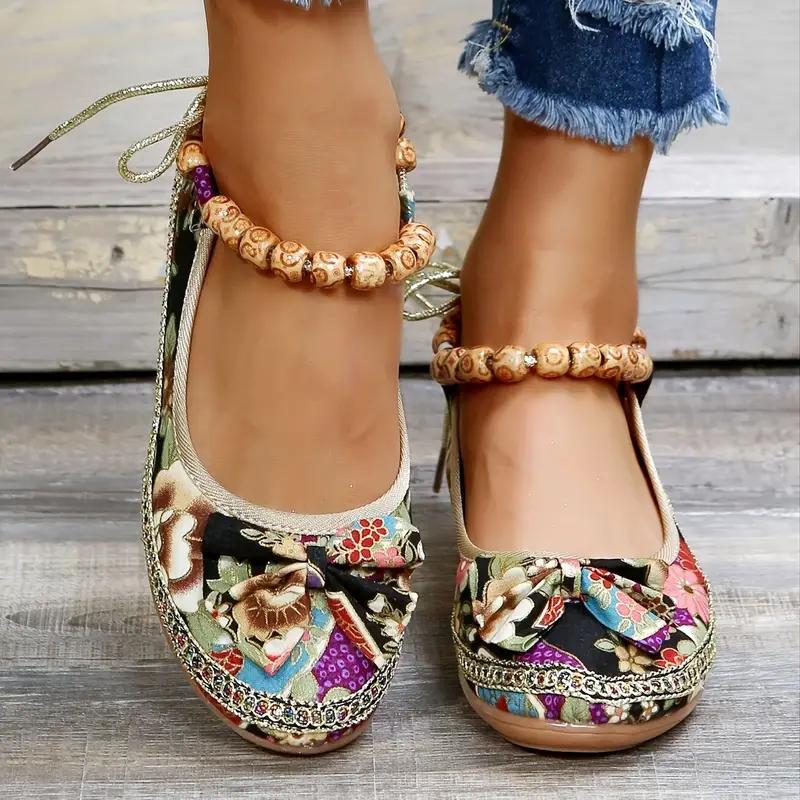Women's Floral Print Flat Shoes, Tribal Style Ankle Strap Slip On Shoes, Casual Walking Shoes