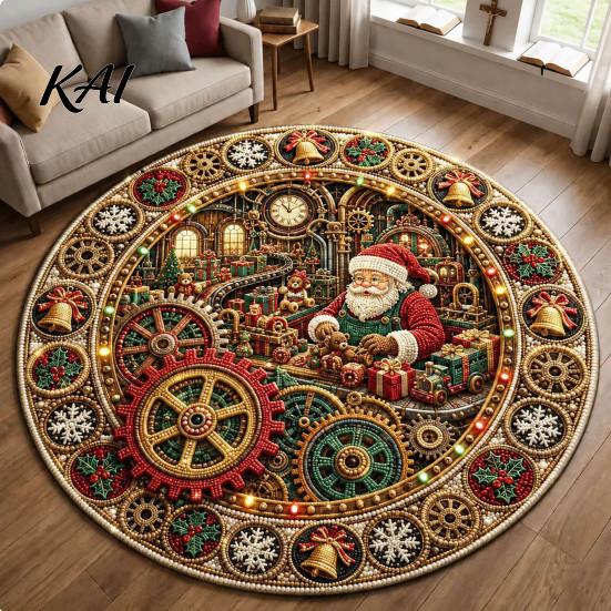 Durable Floor Rug for Holidays Round Christmas 3D Rug, Optical Illusion Area Santa Gnome Living Room Entrance Pattern, Non-slip Holiday Mat
