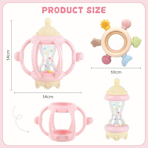 2 Pack Teething Toys for Babies 6-12 Months, Sensory Teether Rings, Montessori Baby Rattle, Infant Chew Toys Gift for Boys Girls (Pink)